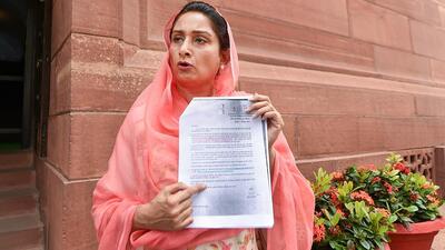 SAD MP Harsimrat Kaur Badal at Parliament House during ongoing Monsoon Session of Parliament, in New Delhi, Monday. (PTI)