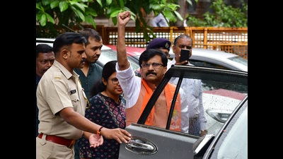 Shiv Sena MP Sanjay Raut waves to his supporters before being taken for production before a special court after his ED custody came to an end on Monday (HT Photo/Bhushan Koyande) Shiv Sena MP Sanjay Raut waves to his supporters before being taken for production before a special court after his ED custody came to an end on Monday (HT Photo/Bhushan Koyande)