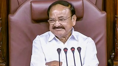 **EDS: TV GRAB** New Delhi: Outgoing Rajya Sabha Chairman M Venkaiah Naidu during his farewell in the House, in New Delhi, Monday, Aug. 8, 2022. (Sansad TV/PTI Photo) (PTI08_08_2022_000145B) (PTI) **EDS: TV GRAB** New Delhi: Outgoing Rajya Sabha Chairman M Venkaiah Naidu during his farewell in the House, in New Delhi, Monday, Aug. 8, 2022. (Sansad TV/PTI Photo) (PTI08_08_2022_000145B) (PTI)