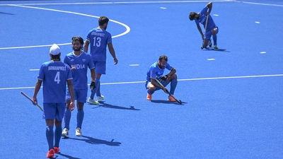 Indian players react after the end of the men's hockey final match between India and Australia, at the Commonwealth Games 2022 (CWG), in Birmingham, Monday, Aug. 8, 2022. India lost 0-7. (PTI) Indian players react after the end of the men's hockey final match between India and Australia, at the Commonwealth Games 2022 (CWG), in Birmingham, Monday, Aug. 8, 2022. India lost 0-7. (PTI)