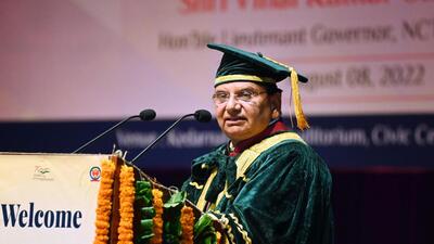 Delhi LG VK Saxena addresses at the second convocation ceremony of the North Delhi Municipal Corporation Medical College on Monday. (ANI)