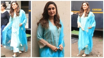 Kareena chose a silk organza suit set in a pleasing pastel blue tone for the promotional event, and it is a perfect summer festive pick. The star styled the outfit with minimal accessories, including embroidered beige and gold juttis, oxidised silver jhumkis and statement rings. (HT Photo/Varinder Chawla) Kareena chose a silk organza suit set in a pleasing pastel blue tone for the promotional event, and it is a perfect summer festive pick. The star styled the outfit with minimal accessories, including embroidered beige and gold juttis, oxidised silver jhumkis and statement rings. (HT Photo/Varinder Chawla)