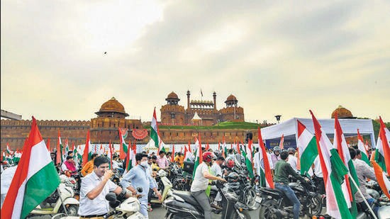 Participants during a ‘Tiranga Bike Rally', at Red Fort. India is celebrating its 75 years of Independence. The Delhi Police has made elaborate security arrangements for the Red Fort where Prime Minister Narendra Modi will address the nation on August 15. (PTI)