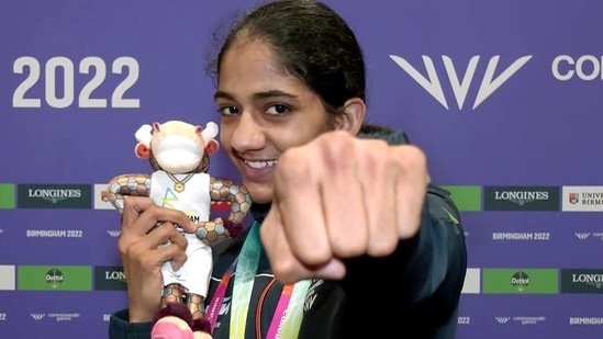 Nitu Ghanghas poses for a photo after winning a gold medal in the women’s 48kg boxing at the Commonwealth Games 2022 in Birmingham(ANI) Nitu Ghanghas poses for a photo after winning a gold medal in the women’s 48kg boxing at the Commonwealth Games 2022 in Birmingham(ANI)