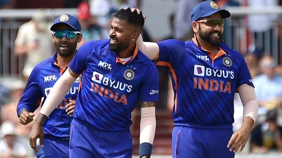 India's Hardik Pandya celebrates with regular captain Rohit Sharma(AP) India's Hardik Pandya celebrates with regular captain Rohit Sharma(AP)