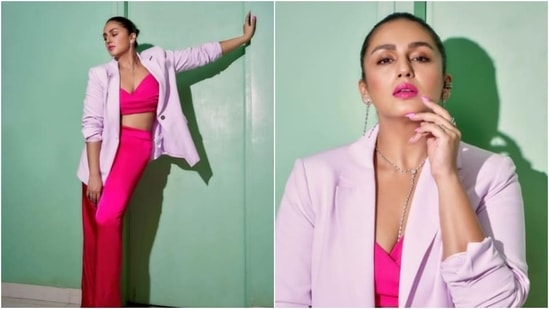 Huma Qureshi earlier donned a satin pink co-ord set teamed with a pastel pink blazer to promote Maharani 2.(Instagram/@iamhumaq)