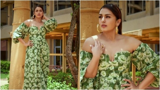 Huma Qureshi, kept it comfy yet cool in this easy-breezy off shoulder boho chic midi dress for Maharani Promotions.(Instagram/@iamhumaq)