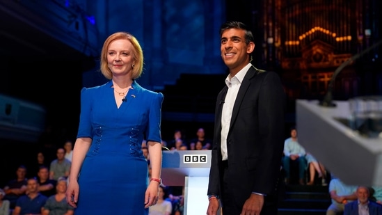 Liz Truss and Rishi Sunak before taking part in the BBC Conservative Party leadership debate in Stoke-on-Trent, England, Monday July 25, 2022.(AP)