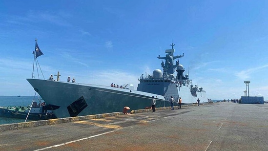 Chinese built Pakistani frigate PNS Taimur at a Cambodian Port. The ship is on a maiden voyage from Shanghai to Karachi.