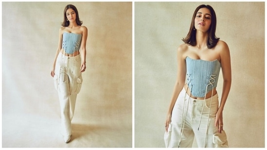 Ananya Panday takes street style to a whole new level as she attends a promotional event of her upcoming film Liger in a blue strapless crop corset top and high-rise baggy cargo pants.(Instagram/@spacemuffin27)