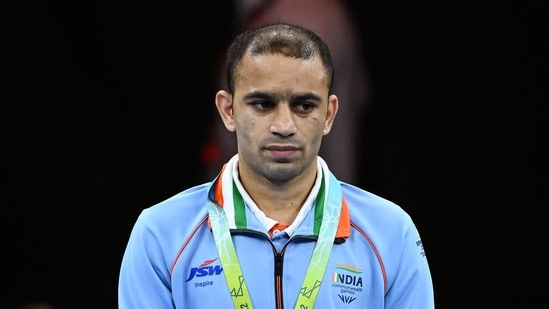 Amit Panghal won all four bouts by unanimous verdict in his progress to the final.(PTI)