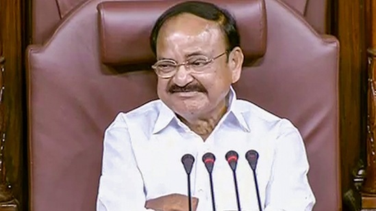 **EDS: TV GRAB** New Delhi: Outgoing Rajya Sabha Chairman M Venkaiah Naidu during his farewell in the House, in New Delhi, Monday, Aug. 8, 2022. (Sansad TV/PTI Photo) (PTI08_08_2022_000145B) (PTI)