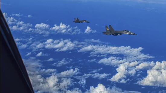 In this photo released by Xinhua News Agency, fighter jets of the Eastern Theater Command of the Chinese People's Liberation Army (PLA) conduct a joint combat training exercises around the Taiwan Island on Sunday. (AP) In this photo released by Xinhua News Agency, fighter jets of the Eastern Theater Command of the Chinese People's Liberation Army (PLA) conduct a joint combat training exercises around the Taiwan Island on Sunday. (AP)