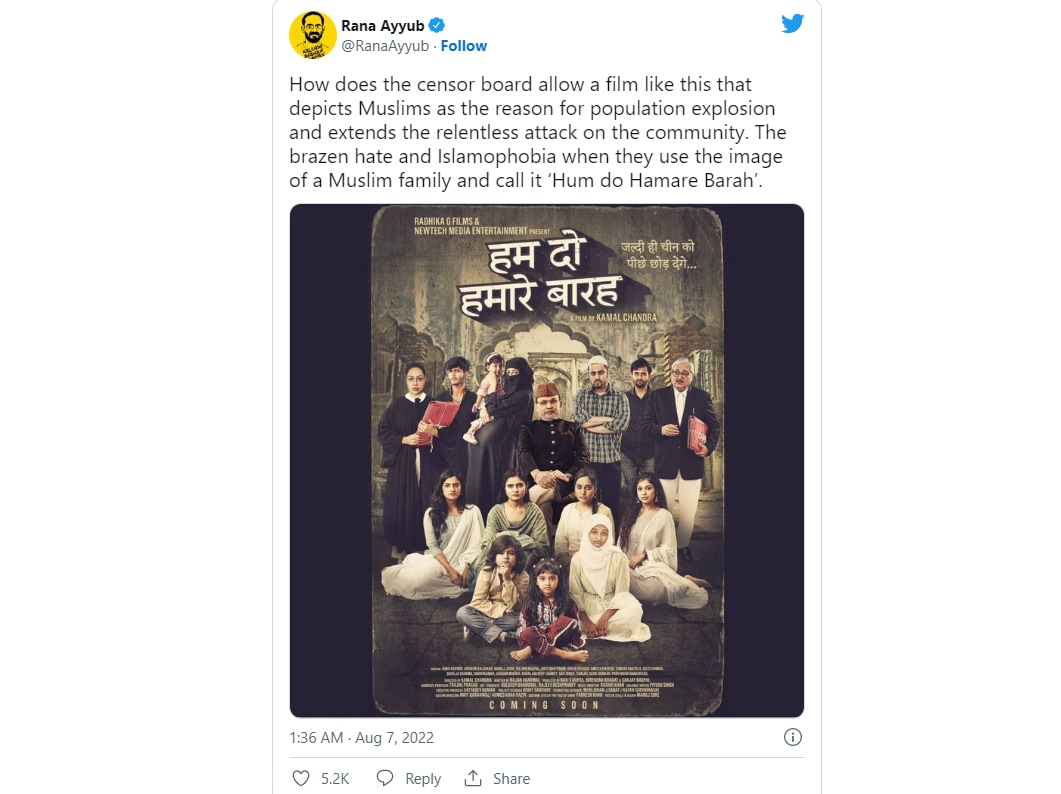 Journalist Rana Ayyub shared the poster of Hum Do Humare Baarah as she criticised the film.&nbsp;