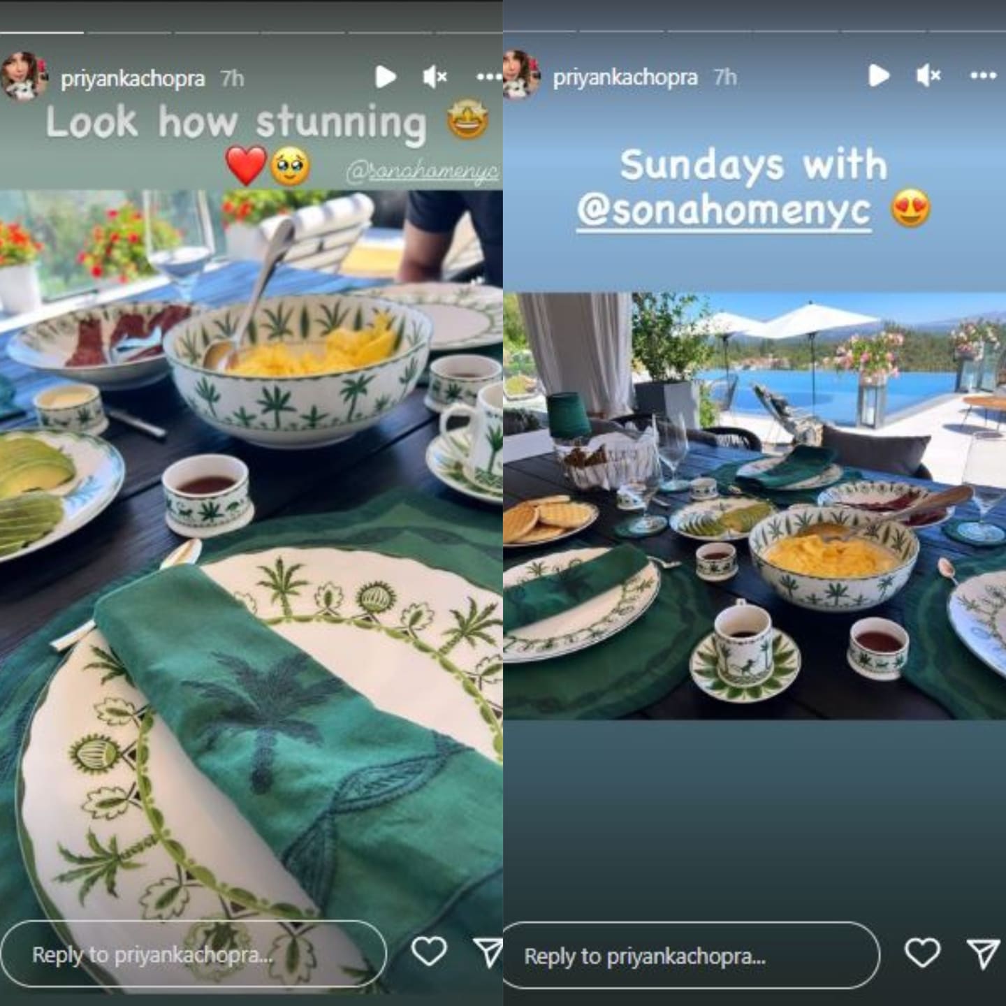 Priyanka posted a picture giving a peek of their meal as they sat by their pool. Priyanka posted a picture giving a peek of their meal as they sat by their pool.