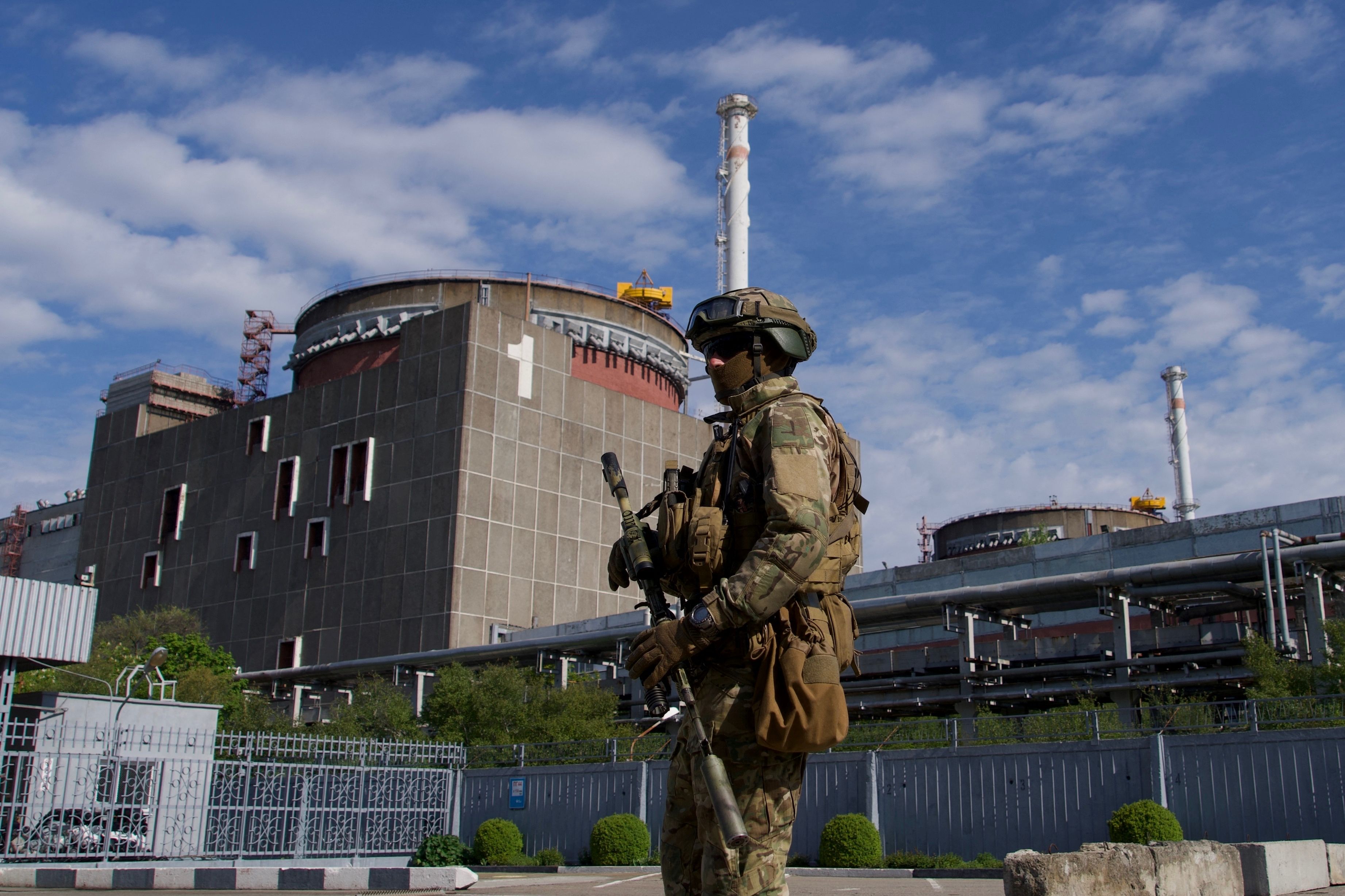 A Russian serviceman patrols the territory of the Zaporizhzhia Nuclear Power Station in Energodar. (Photo by Andrey BORODULIN/AFP)