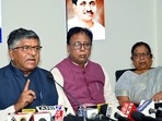 Ravi Shankar Prasad addresses a press conference with state BJP president Sanjay Jaishwal after Bihar CM Nitish Kumar resigned, in Patna on Tuesday.(ANI) Ravi Shankar Prasad addresses a press conference with state BJP president Sanjay Jaishwal after Bihar CM Nitish Kumar resigned, in Patna on Tuesday.(ANI)