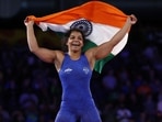 India's Sakshi Malik celebrates her win against Canada's Ana Godinez Gonzalez in the women's 62kg gold medal wrestling match on day nine of the Commonwealth Games.(AFP) India's Sakshi Malik celebrates her win against Canada's Ana Godinez Gonzalez in the women's 62kg gold medal wrestling match on day nine of the Commonwealth Games.(AFP)