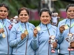 India's Lovely Choubey, Pinki, Nayanmoni Saikia and Rupa Rani Tirkey pose for photos after winning the Lawn Bowls Women's Fours gold at the Commonwealth Games 2022 (CWG).It was India's first ever medal finish in Lawn Bowls.(PTI) India's Lovely Choubey, Pinki, Nayanmoni Saikia and Rupa Rani Tirkey pose for photos after winning the Lawn Bowls Women's Fours gold at the Commonwealth Games 2022 (CWG).It was India's first ever medal finish in Lawn Bowls.(PTI)