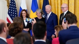 President Joe Biden poses for a photo with Vice President Kamala Harris, left, Karin Olofsdotter, Sweden's ambassador to the US, second from left, and Mikko Hautala, Finland's ambassador to the US, right, after signing the Instruments of Ratification for the Accession Protocols to the North Atlantic Treaty for the Republic of Finland and Kingdom of Sweden in the East Room of the White House in Washington, Tuesday, August 9, 2022. (AP Photo/Susan Walsh)