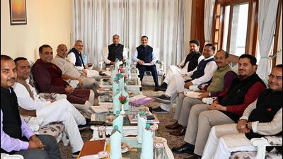 Himachal chief minister Jai Ram Thakur along with BJP leaders at the party’s core group meeting in Shimla on Tuesday. (HT Photo)
