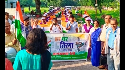‘Tiranga Yatra’ being taken out in Sangam city on Tuesday. (HT PHOTO) ‘Tiranga Yatra’ being taken out in Sangam city on Tuesday. (HT PHOTO)