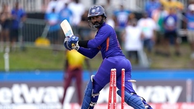 India's Dinesh Karthik is bowled out by West Indies' Obed McCoy during the fourth T20 cricket match (AP) India's Dinesh Karthik is bowled out by West Indies' Obed McCoy during the fourth T20 cricket match (AP)