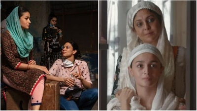 Left- Alia Bhatt with Darlings director Jasmeet K Reen on the sets. Right- Alia Bhatt and Shefali Shah in a still from Darlings. Left- Alia Bhatt with Darlings director Jasmeet K Reen on the sets. Right- Alia Bhatt and Shefali Shah in a still from Darlings.