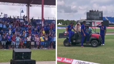 Sanju Samson reacts to the Florida crowd.