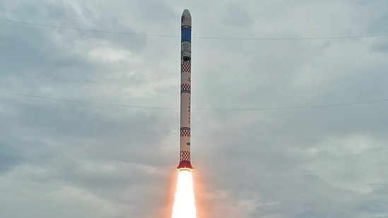 Isro launches the maiden flight of its small satellite launcher the SSLV-D1, in Sriharikota on Sunday. (ISRO Spaceflight Twitter)