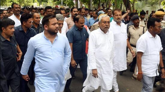 Bihar chief minister Nitish Kumar and RJD leader Tejashwi Yadav after a meeting in Patna on Tuesday. (ANI)