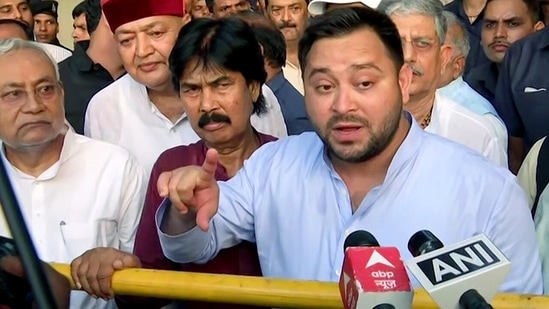 RJD leader Tejashwi Yadav addresses a joint press conference after meeting the Bihar governor in Patna on Tuesday.&nbsp;(ANI)