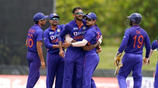 India bowler Axar Patel, center, celebrates with his teammates(AP)