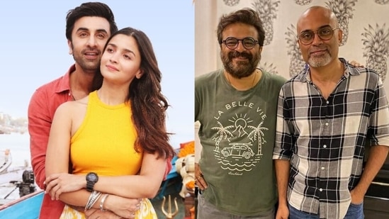 Ranbir Kapoor and Alia Bhatt in a still from Kesariya (L); Amitabh Bhattacharya with Pritam.