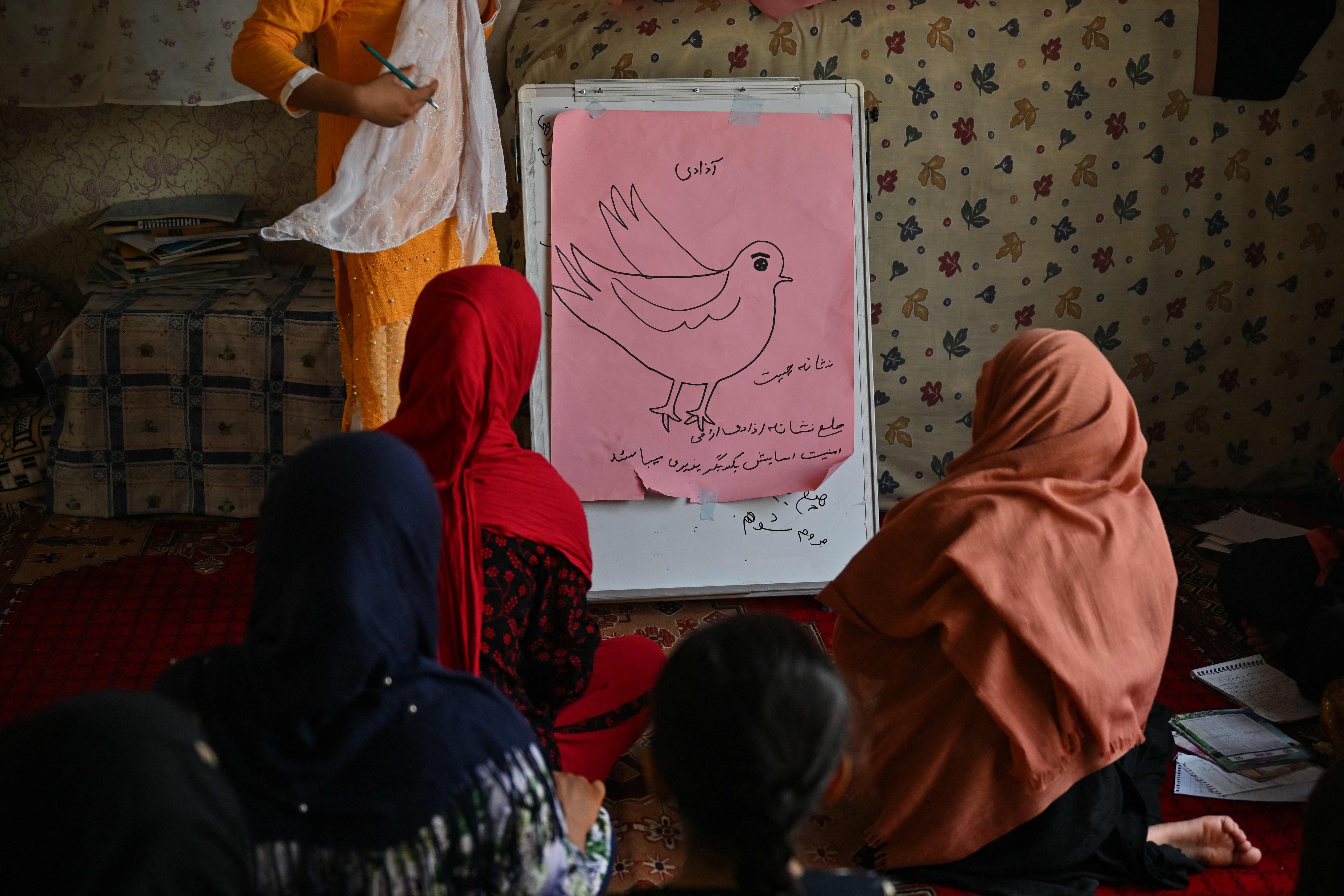 Shows girls studying in a secret school at an undisclosed location in Afghanistan. (AFP)