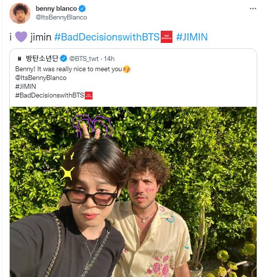 Jimin posted a selfie with Benny on BTS' Twitter account.