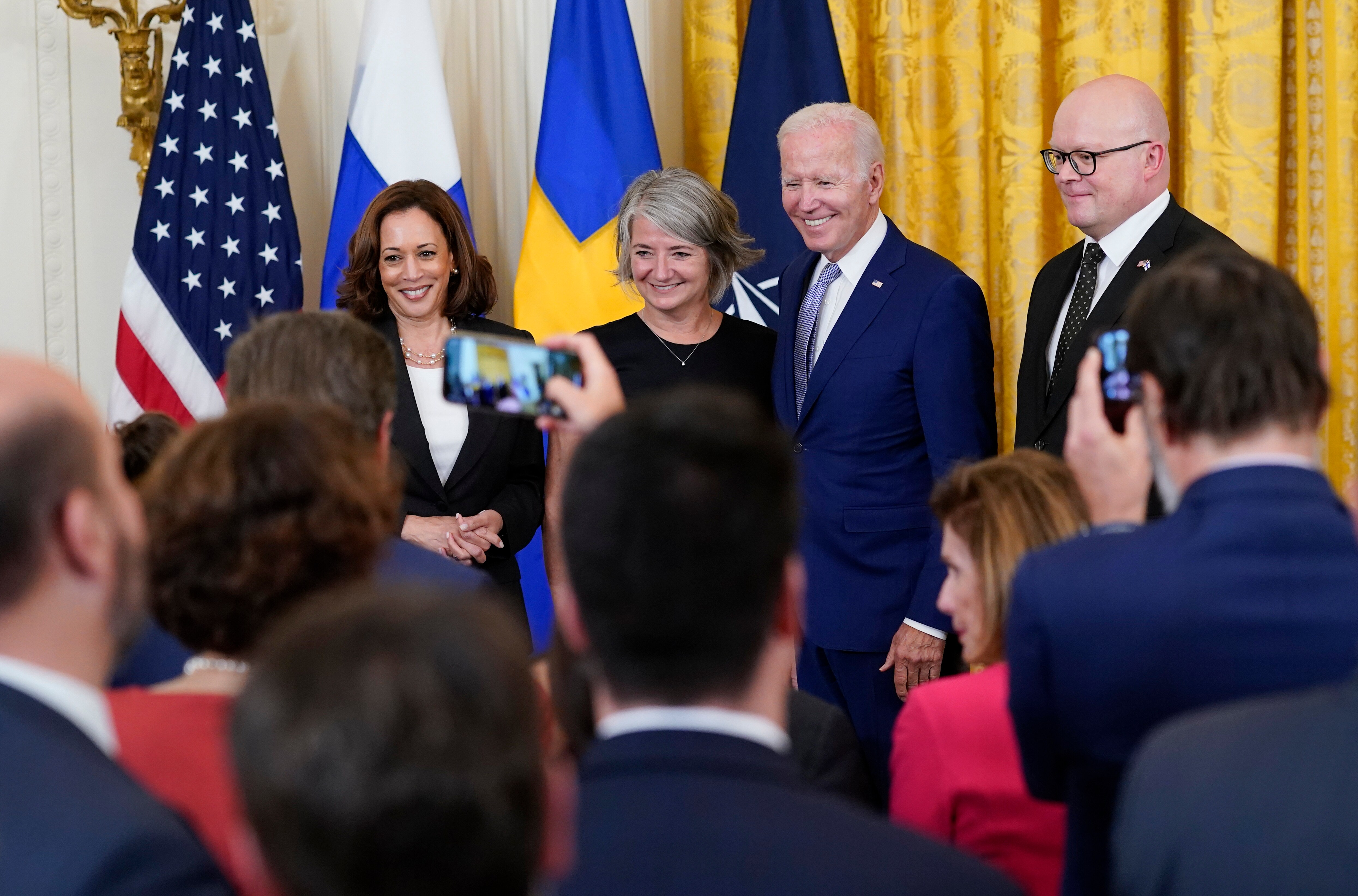 President Joe Biden poses for a photo with Vice President Kamala Harris, left, Karin Olofsdotter, Sweden's ambassador to the US, second from left, and Mikko Hautala, Finland's ambassador to the US, right, after signing the Instruments of Ratification for the Accession Protocols to the North Atlantic Treaty for the Republic of Finland and Kingdom of Sweden in the East Room of the White House in Washington, Tuesday, August 9, 2022. (AP Photo/Susan Walsh) President Joe Biden poses for a photo with Vice President Kamala Harris, left, Karin Olofsdotter, Sweden's ambassador to the US, second from left, and Mikko Hautala, Finland's ambassador to the US, right, after signing the Instruments of Ratification for the Accession Protocols to the North Atlantic Treaty for the Republic of Finland and Kingdom of Sweden in the East Room of the White House in Washington, Tuesday, August 9, 2022. (AP Photo/Susan Walsh)