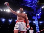 Tyson Fury celebrates winning his fight against Dillian Whyte