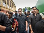 Congress leaders, including former party chief Rahul Gandhi, wore black clothes to stage a protest in the Parliament House.(PTI)