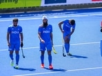 Harmanpreet Singh, Jarmanpreet Singh, Surender Kumar and PR Sreejesh after the end of men's hockey final between India and Australia.(PTI) Harmanpreet Singh, Jarmanpreet Singh, Surender Kumar and PR Sreejesh after the end of men's hockey final between India and Australia.(PTI)