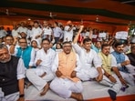 Bihar Bharatiya Janata Party chief Sanjay Jaiswal with senior leaders Ravishankar Prasad, Shushil Kumar Modi, Nityanand and others at a protest 'dharna' against the state's new 'Grand Alliance' government, in Patna, Wednesday. (PTI Photo) Bihar Bharatiya Janata Party chief Sanjay Jaiswal with senior leaders Ravishankar Prasad, Shushil Kumar Modi, Nityanand and others at a protest 'dharna' against the state's new 'Grand Alliance' government, in Patna, Wednesday. (PTI Photo)