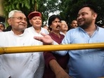 RJD leader Tejashwi Yadav and JD(U) leader Nitish Kumar in Patna on Tuesday. RJD leader Tejashwi Yadav and JD(U) leader Nitish Kumar in Patna on Tuesday. 