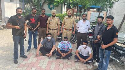 The gangster associated with Bambiha gang and his two aides in custody. (HT Photo)
