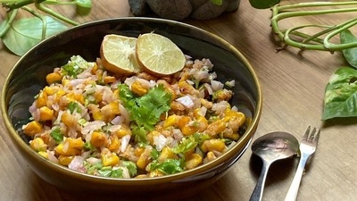 Tangy corns: This is the easiest of the lot and takes the least time. You can customise this dish however you want to and add ingredients of your choice. If you are new to cooking then here's how you can prepare it. Par-boil the corn kernels, drain the water, and add salt (as per your taste), chilli powder, chaat masala, lime juice, freshly cut coriander and finely chopped chillies. (Instagram/@eatwithruhi) Tangy corns: This is the easiest of the lot and takes the least time. You can customise this dish however you want to and add ingredients of your choice. If you are new to cooking then here's how you can prepare it. Par-boil the corn kernels, drain the water, and add salt (as per your taste), chilli powder, chaat masala, lime juice, freshly cut coriander and finely chopped chillies. (Instagram/@eatwithruhi)