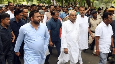 Bihar chief minister Nitish Kumar and RJD leader Tejashwi Yadav on Tuesday. (HT_PRINT) Bihar chief minister Nitish Kumar and RJD leader Tejashwi Yadav on Tuesday. (HT_PRINT)