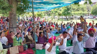 The members of PFUCTO, along with the Punjab Agricultural University Teachers’ Association (PAUTA), assembled outside the Thapar Hall of PAU, Ludhiana, and demanded the implementation of the pay scale at the earliest failing which they would intensify the protest. (HT PHOTO)