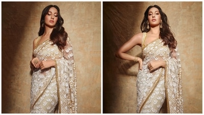 Nora Fatehi often makes bold fashion statements with her impressive wardrobe choices. Her stylist picks the best outfit for her that blends perfectly with her figure and skin tone. Her charm and bold personality are her secret spells in leaving fans captivated. Earlier, she turned muse for one of India's most celebrated designers Manish Malhotra and wore this beautiful ivory saree. (Instagram/@norafatehi) Nora Fatehi often makes bold fashion statements with her impressive wardrobe choices. Her stylist picks the best outfit for her that blends perfectly with her figure and skin tone. Her charm and bold personality are her secret spells in leaving fans captivated. Earlier, she turned muse for one of India's most celebrated designers Manish Malhotra and wore this beautiful ivory saree. (Instagram/@norafatehi)
