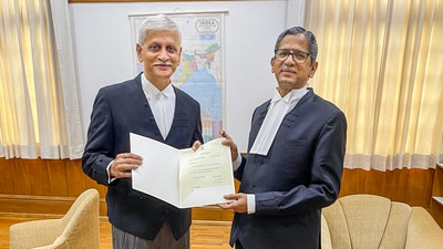 Chief Justice of India NV Ramana with Justice Uday Umesh Lalit during a meeting, in New Delhi (PTI) Chief Justice of India NV Ramana with Justice Uday Umesh Lalit during a meeting, in New Delhi (PTI)
