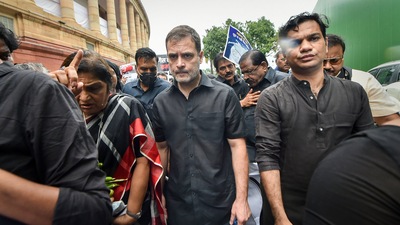 Congress leaders, including former party chief Rahul Gandhi, wore black clothes to stage a protest in the Parliament House. (PTI) Congress leaders, including former party chief Rahul Gandhi, wore black clothes to stage a protest in the Parliament House. (PTI)