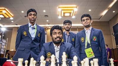 Members of India B team (L-R) Grandmaster (GM) Rameshbabu Praggnanandhaa, GM Adhiban Baskaran, GM Dommaraju Gukesh and GM Nihal Sarin during the 44th Chess Olympiad, at Mamallapuram near Chennai. (PTI) Members of India B team (L-R) Grandmaster (GM) Rameshbabu Praggnanandhaa, GM Adhiban Baskaran, GM Dommaraju Gukesh and GM Nihal Sarin during the 44th Chess Olympiad, at Mamallapuram near Chennai. (PTI)